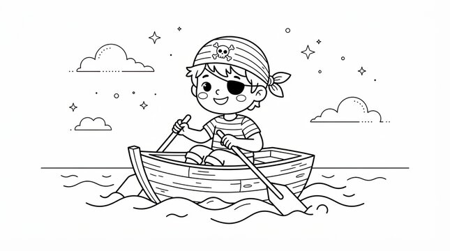 Cute little boy pirate wearing an eye patch rowing a small wooden boat on the ocean