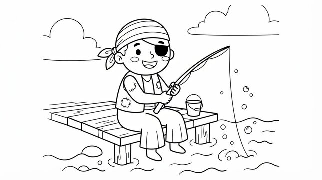 Cute little pirate boy fishing with a rod while sitting on a wooden dock by the water