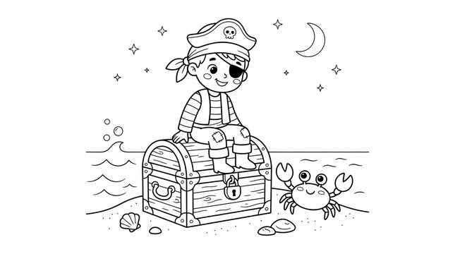 Cute little pirate boy sitting on a treasure chest at the beach coloring page