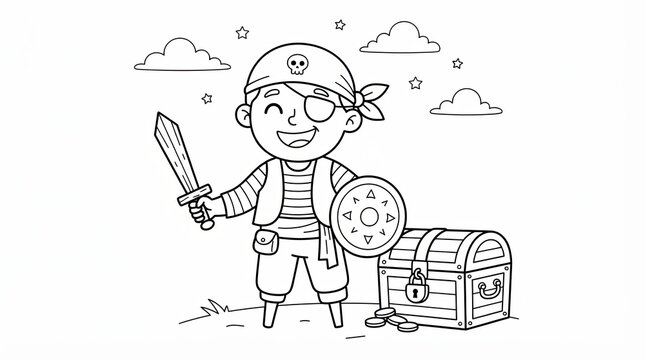 Happy little pirate boy holding a sword and shield next to a treasure chest drawing