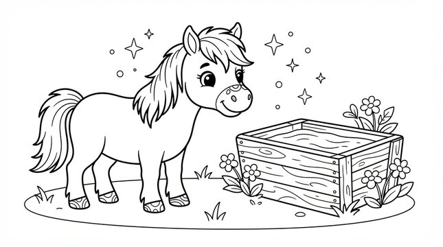 Cute little horse standing next to a wooden crate in a simple coloring book style