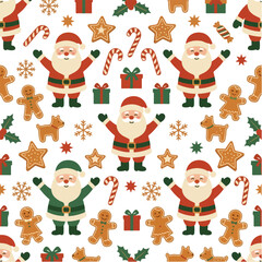 Fototapeta premium Santa seamless pattern with gingerbread cookies and candy canes on white
