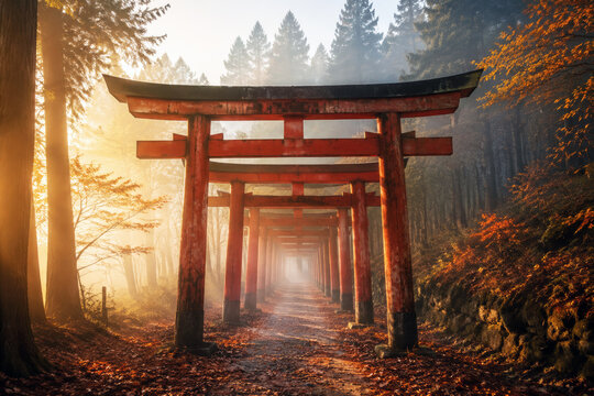 A long tunnel of weathered vermilion torii gates recedes through a misty forest path covered with autumn leaves. Sacred architecture and spiritual pilgrimage