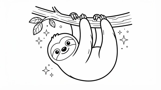 Cute cartoon sloth hanging from a tree branch black and white line art