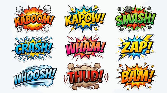 Action comic speech bubbles collection with kaboom and smash text.