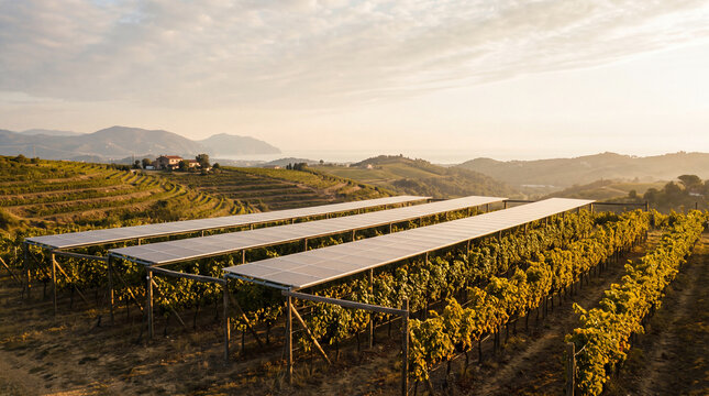 Panoramic industrial solar cell agrivoltaics concept shows synergy between vineyard cultivation and renewable energy