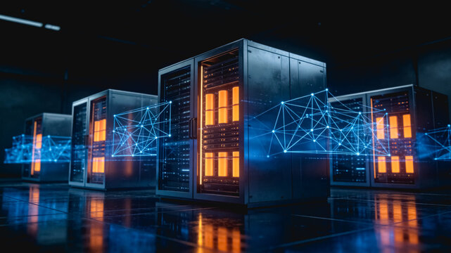 Modern Server Racks With Digital Network Connections In Data Center