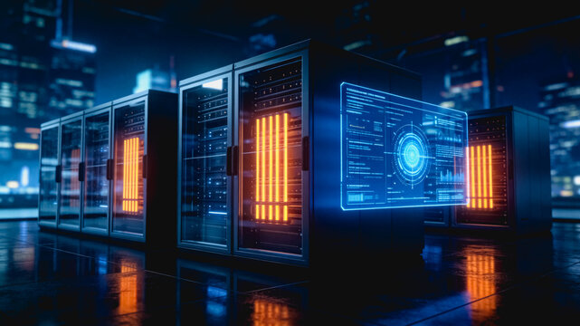 Modern Data Center Server Racks With Holographic Interface