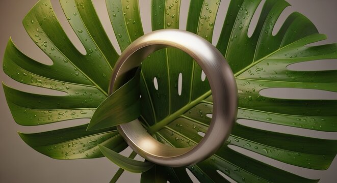 Metallic ring on wet Monstera leaf with water drops
