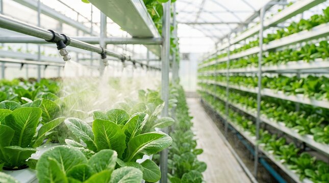 Hydroponic vegetables with misting system watering leafy greens in vertical farm greenhouse, sustainable agriculture technology.