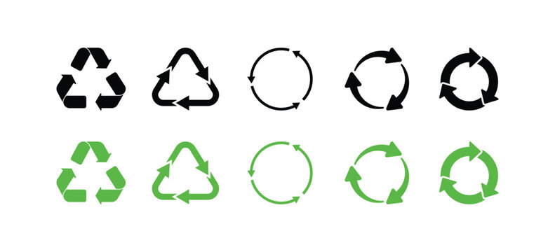 Set of black and green recycling symbols and circular arrows isolated on a white background