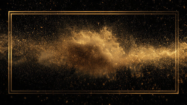 Golden dust explosion inside a rectangular frame on a black background