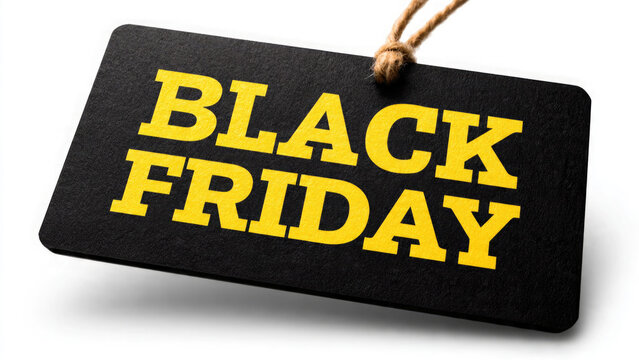 Black Friday sale tag with bold yellow text on a black background with a twine string