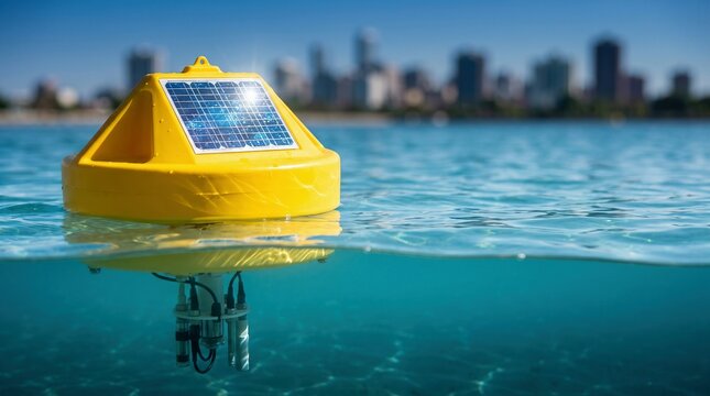 Environmental buoy with solar panel collecting data via submerged sensors in water near city skyline, ecological research.