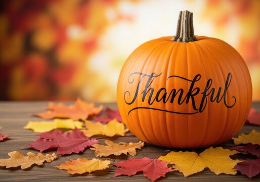Bright orange pumpkin with thankful calligraphy and autumn leaves on a wooden surface