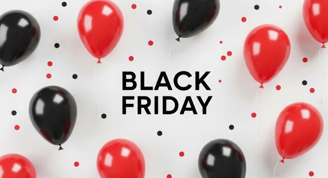 Red and black balloons with black friday text on a white background for sales promotions