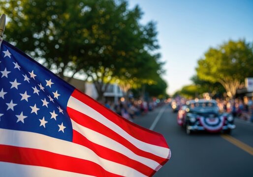 American flag waving during a patriotic parade with vintage cars and blurred crowd