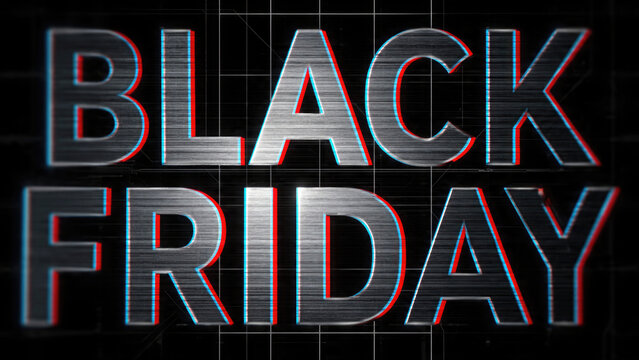 Dramatic black friday text in silver and red with glitch effect on black background