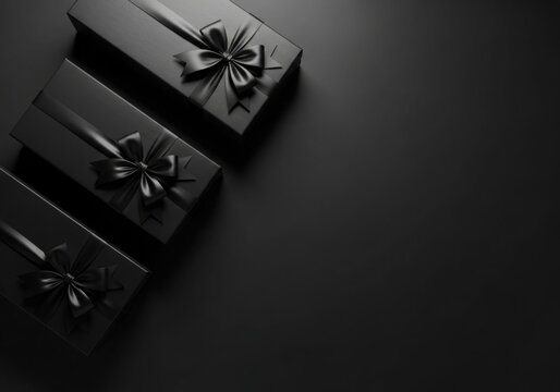 Three black gift boxes with ribbon bows on a dark background elegant presentation