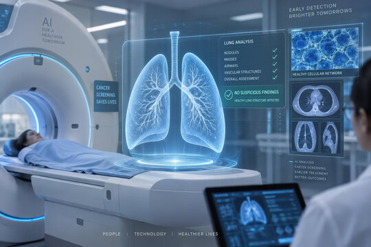 International health agencies standardize AI models for early-stage lung and cervical cancer detection futuristic medical scanner projecting 3D lung model AI oncology screening initiative