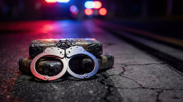 Handcuffs resting on packages on asphalt road at night, police lights in background, illustrating crime and law enforcement.