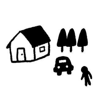 シンプルな手描き風の家と木の風景アイコン