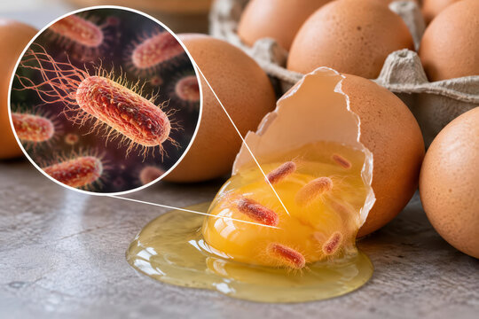 Salmonella bacteria contaminating eggs food poisoning and food safety crisis concept showing microscopic Salmonella enterica on cracked raw egg yolk and contaminated egg carton risk