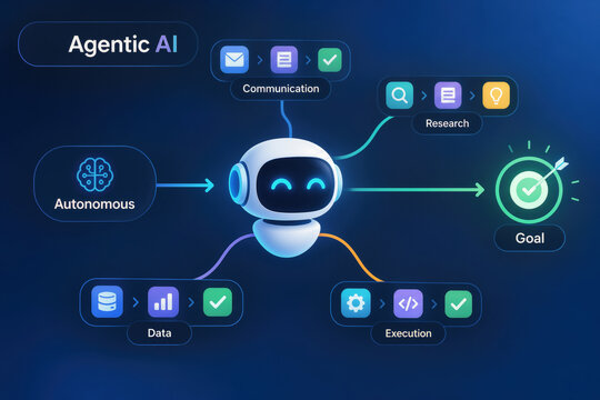 Agentic AI autonomous artificial intelligence agents executing multiple workflows independently to achieve defined goal communication research data execution automation orchestration