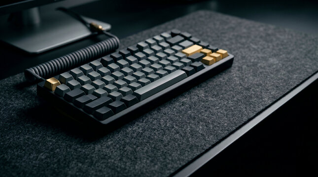 Mechanical keyboard with gold accent keys and coiled cable on felt desk mat in modern workspace, computer technology and custom peripheral setup.