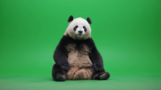 Giant Panda Sitting on Green Screen Background.