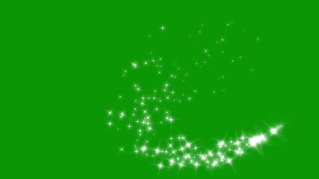 White glowing glitter particle trail with magic sparkles and twinkle doodle stars, glitter line stars, soft glow effects and seamless loop overlay on transparent green background. 4k video