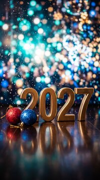 Golden 2027 Year Digits with Red and Blue Christmas Ornaments on a Reflective Surface against a Dazzling Blue and Gold Blurred Bokeh Holiday Background
