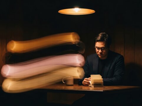 Reader Portrait Under Warm Lamp Light with Motion Blur and Quiet Introspection