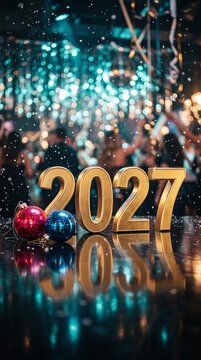 A festive New Year celebration scene for 2027 featuring gold 3D numbers, reflective shiny baubles, and blurred party lights in the background with a jubilant atmosphere.