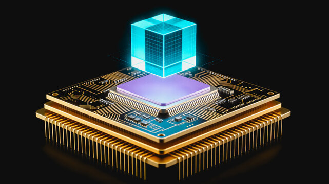 3D Rendered Central Processing Unit with Glowing Holographic Cube