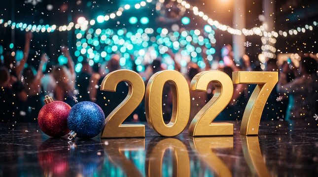 A festive New Year celebration scene featuring large gold 2027 lettering standing on a reflective surface, with colorful holiday ornaments, blurred party lights, and confetti in the background