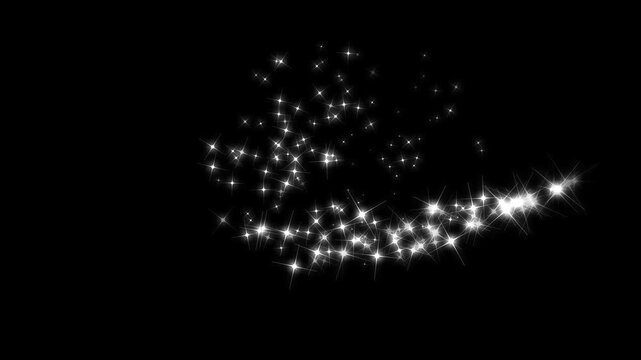 White glittering star dust trail sparkling particles, white glitter light trail spiral with magic swirl path, fairy tail glitter particles sparkling glitter awards black screen. 4K video