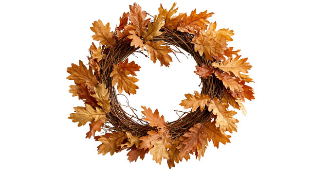 Autumnal wreath made of dried brown oak leaves and intertwined wooden twigs