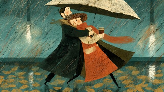 Couple walking in the rain under an umbrella, enjoying time together and holding coffee