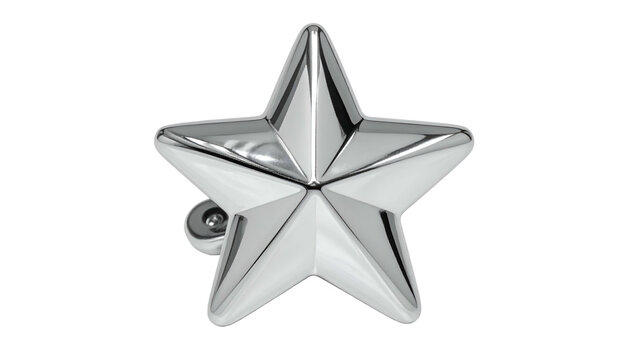 Silver five-pointed star pin with button clasp, shiny, on black background