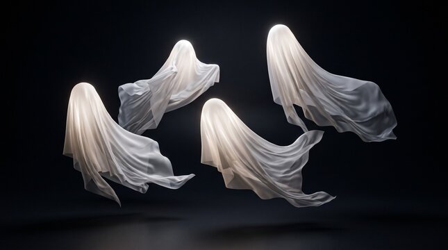 Minimalist 3D floating ghost background on dark pitch black background