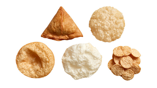 Crispy fried Indian snacks including samosa papadum, and crunchy wheat crackers