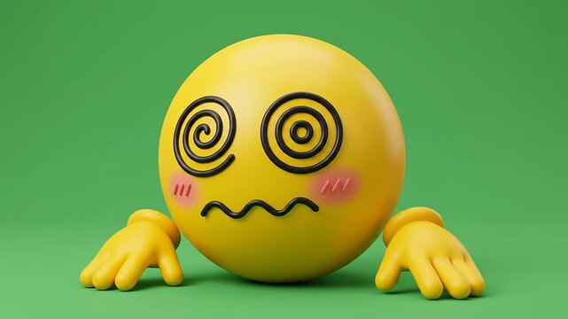 Dizzy 3d emoticon with swirly eyes and waving hands on green backdrop