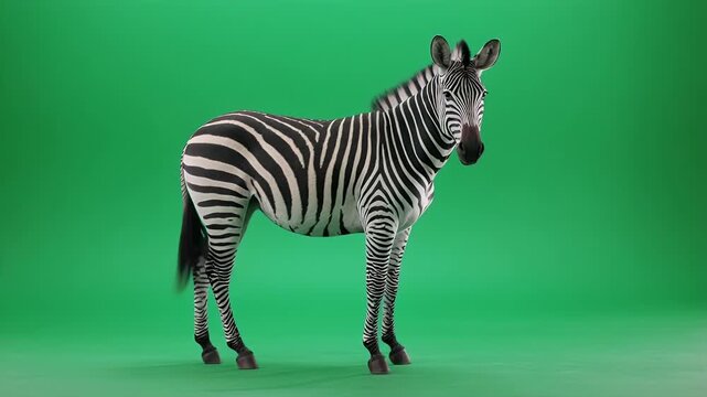 A full body shot of a zebra standing on a green screen background.