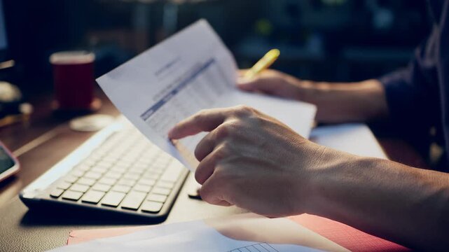 Close-up of a businessman checking financial data on clipboard documents and typing on a computer keyboard at his desk.