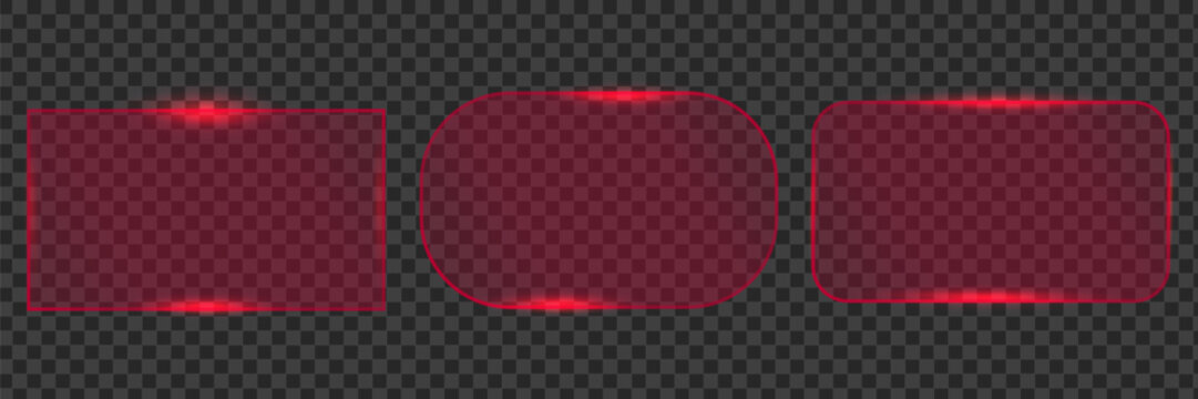 Set of three red neon glass button frames with sharp corner, pill and rounded rectangle shapes and glowing corner light, ideal for gaming UI kits and warning alert design
