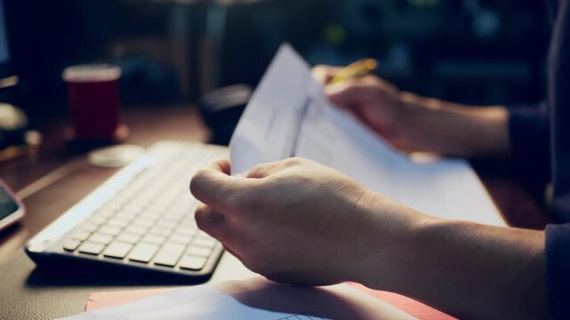 Close-up of a businessman checking financial data on clipboard documents and typing on a computer keyboard at his desk.