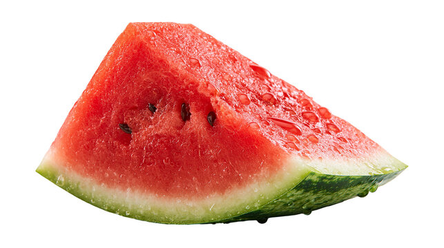Fresh juicy triangular watermelon slice with water droplets and black seeds