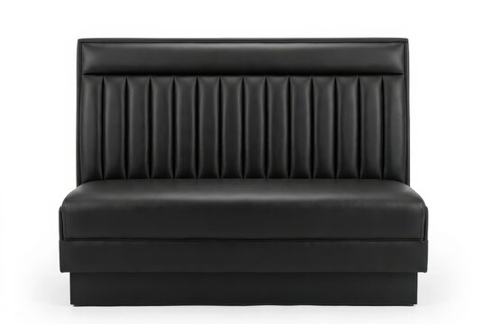 Modern Black Leather Restaurant Booth Seating with Vertical Channel Stitching Isolated on White Background