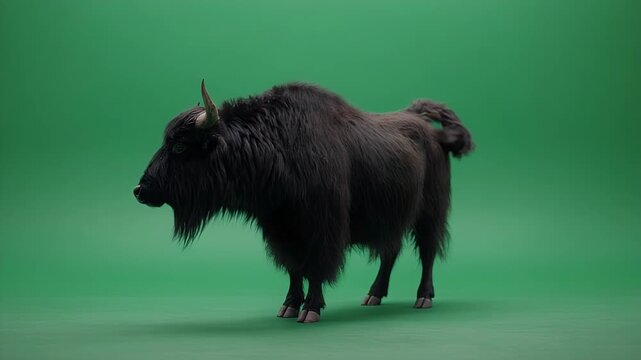 A majestic black yak stands on a green screen background in a studio setting.